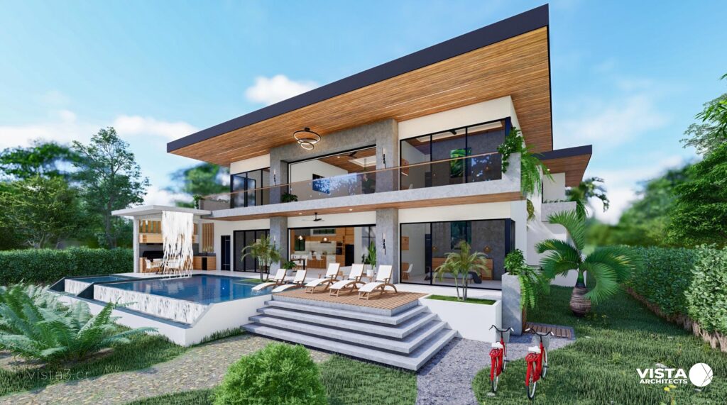 Terrace with a pool in a contemporary house featuring concrete and wood elements.