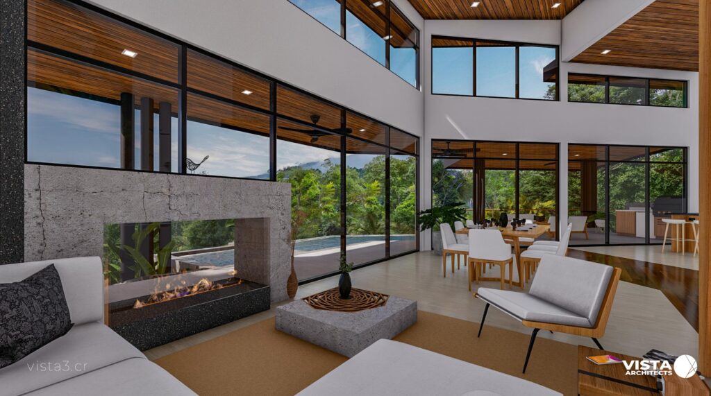 Spacious living room with modern furniture and large windows offering panoramic views