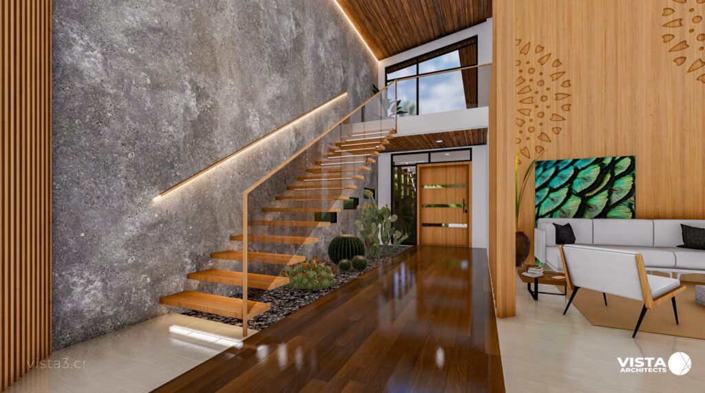Cozy stairs with soft lighting, garden, and wooden accents.